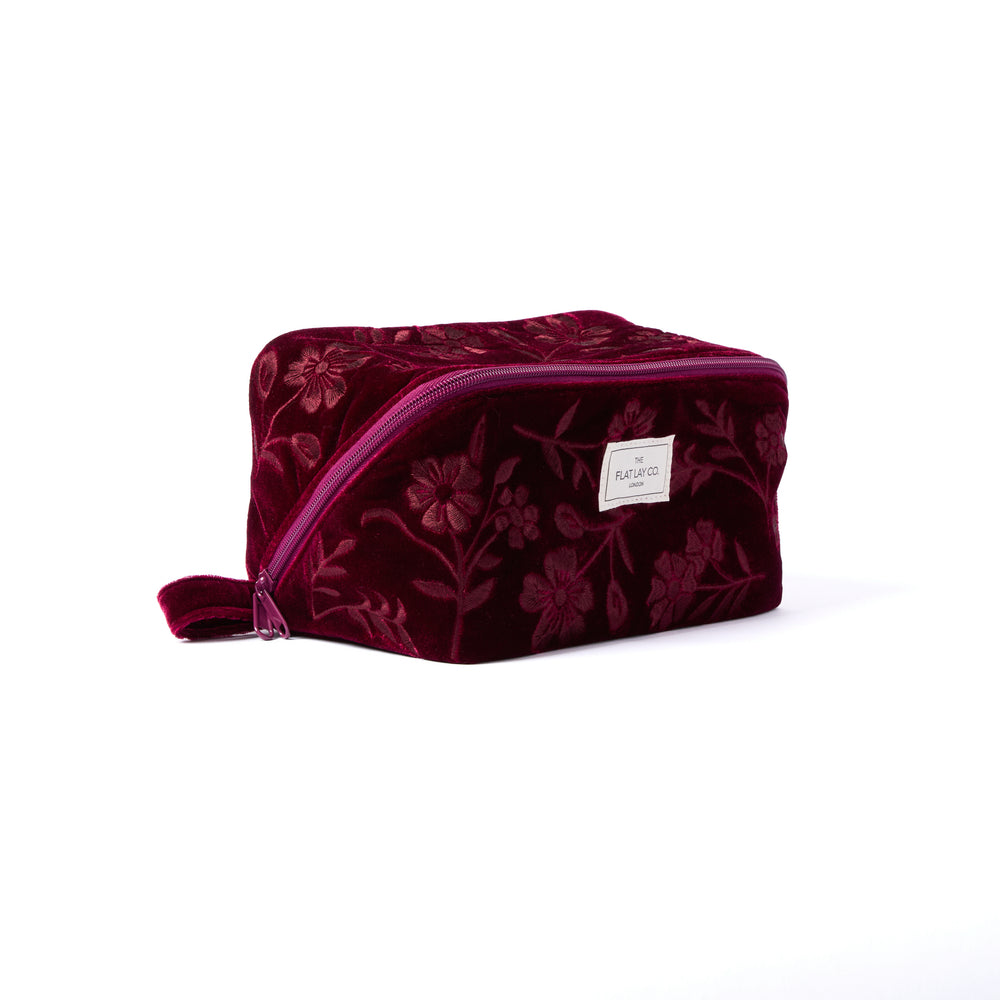 Flat Lay Makeup Box Bag - Dark Cherry Bloom Velvet