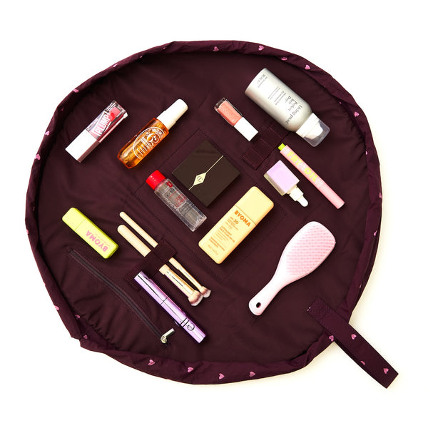 Parachute Drawstring Flat Lay Makeup Bag - Chocolate Plum Hearts